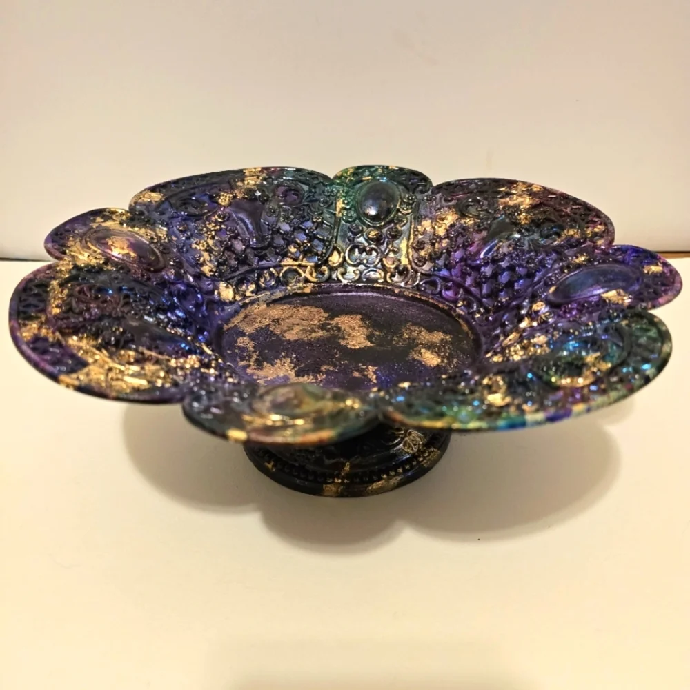 HANDCRAFTED Upcycled Silver Plated Stemmed Dish HANDPAINTED Centerpiece Art